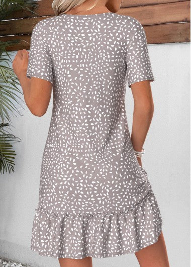 Grey Polka Dot Short Tummy Coverage V Neck Dress