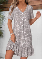 Grey Polka Dot Short Tummy Coverage V Neck Dress