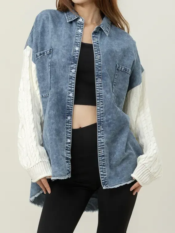 Cozy Sweater Sleeve Denim Shacket